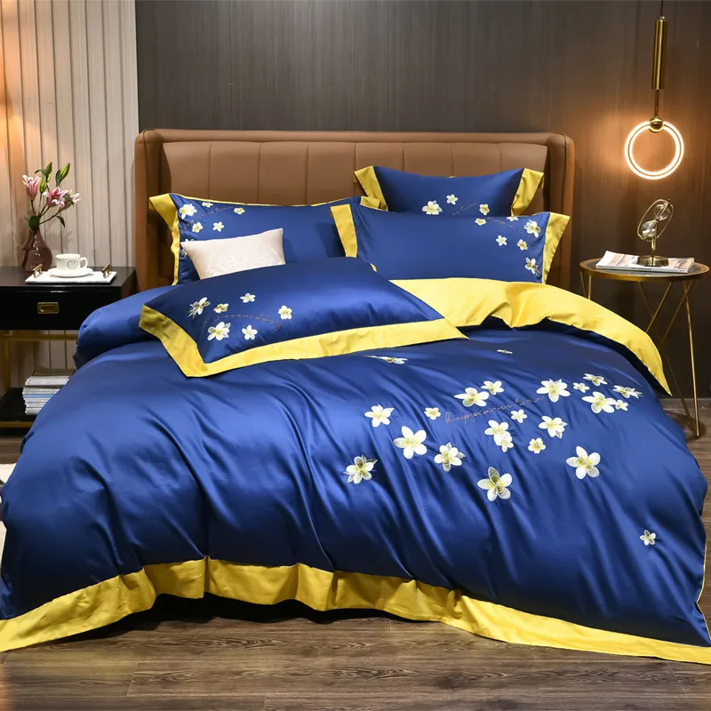 

New Luxury Classic Bloom Flowers Embroidery 100% Cotton Bedding Set Soft Silky Duvet Cover Flat/Fitted Sheet Pillowcases 3/4Pcs