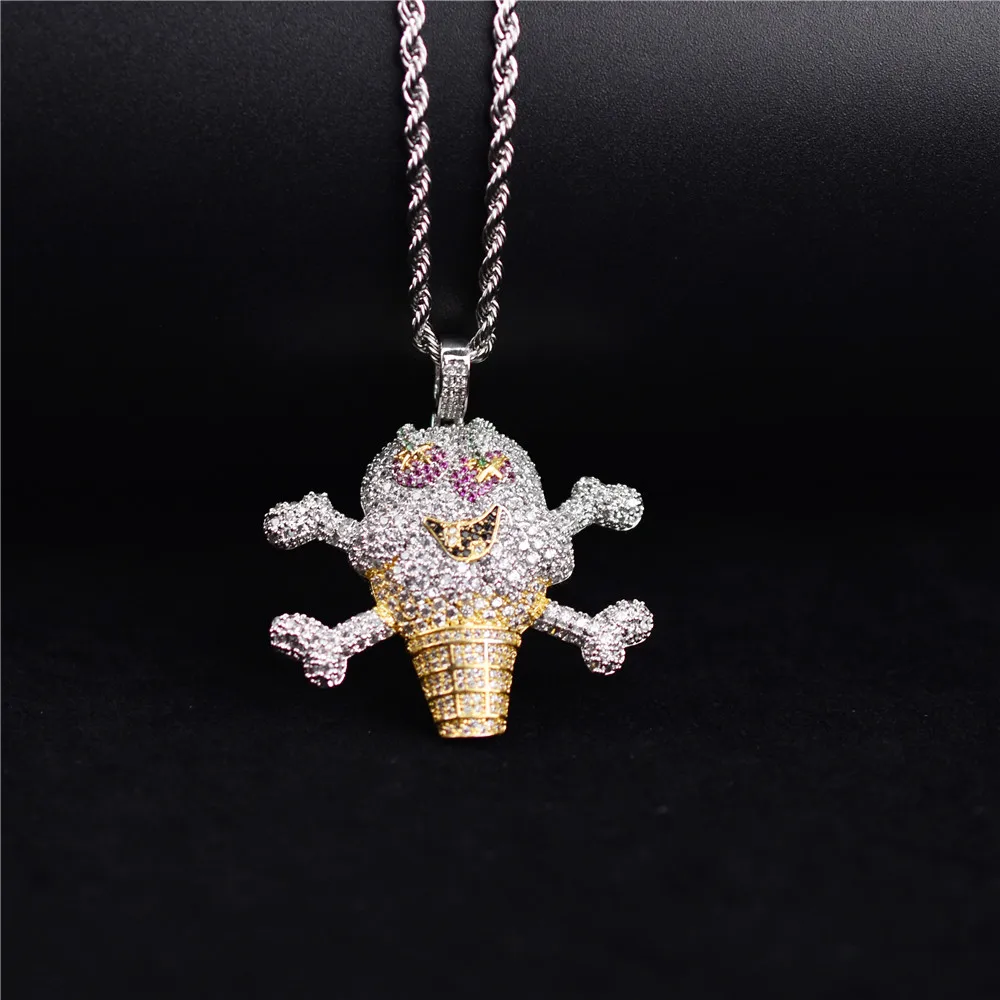 

Skull Ice Cream Shape Necklace& Pendant Stainless Rope Chain Gold Silver Color AAA Cubic Zircon Men's Hip Hop Jewelry for Gift