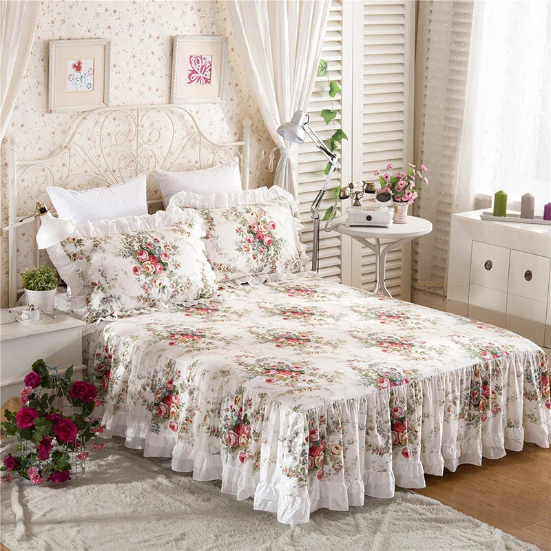 Top Floral Print Ruffle Bedspread Mattress Cover 100% Satin Cotton Bed Cover Sheet Princess Bedding Bed Skirt Home Bedclothes