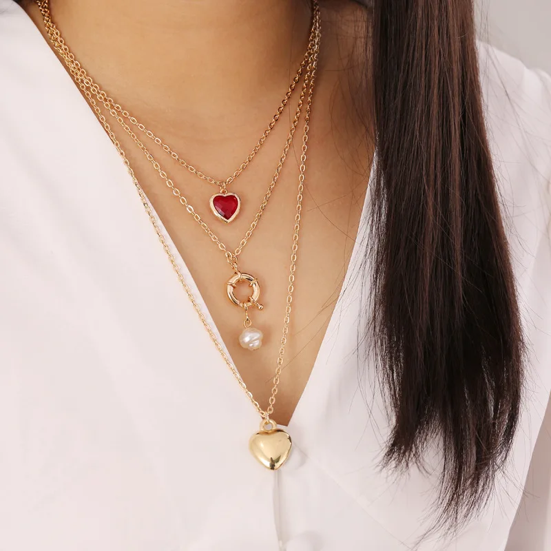 Готический кулон в виде красного сердца ожерелье Золотая цепь с жемчугом чокер