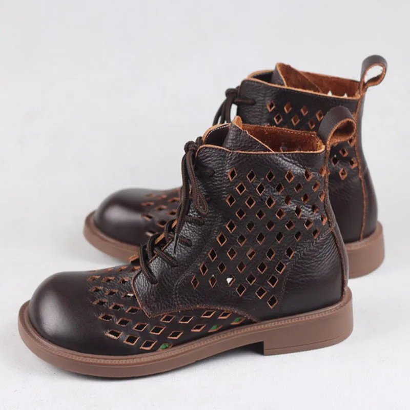 

Summer Boots Women Genuine Leather Woman Ankle Boots Hollow-out Women's Summer Shoes Lace up Female Ankle Boots