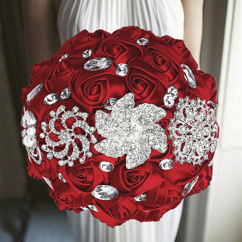 1pc/lot   red Bridal Wedding Bouquets Bridal Crystal Silk Flowers Bridal Bouquets de noiva Factory Custom