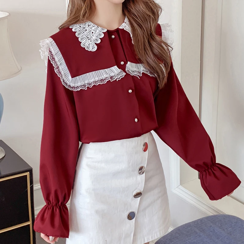 Женская шифоновая блузка shintimes Корейская рубашка с вышивкой кружевом и длинным