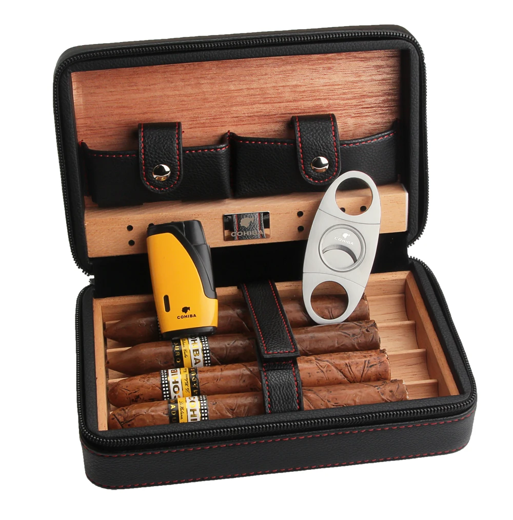 COHIBA, кедровое дерево, хьюмидор для сигар, портативный кожаный чехол коробка для сигар с зажигалкой, резак, увлажнитель, коробка для увлажнения - Цвет: Yellow lighter