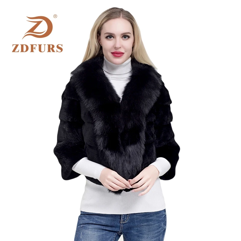 ZDFURS* 2019 new fashion whole skin rex rabbit fur coat female winter new big fox fur collar fur coat warm fur outerwear