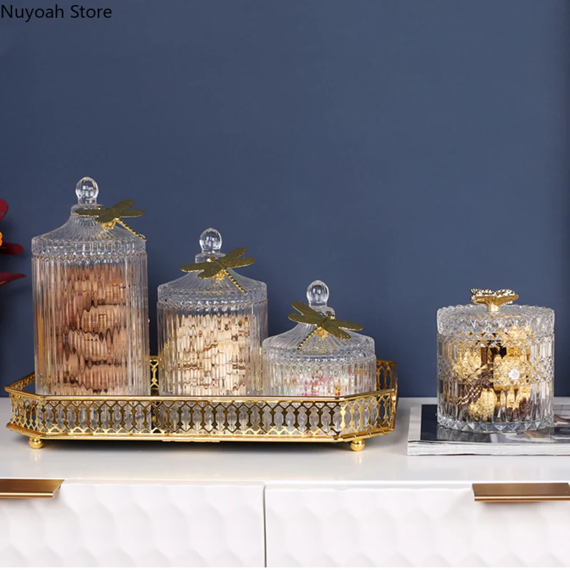 

Light Luxury Glass Candy Jar Nordic Storage Jar Jewelry Box Living Room Coffee Table Dried Fruit Box Retro Household Storage Jar