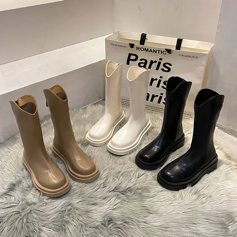 

Boots Women New 2021 Shoes Round Toe Luxury Designer Mid-Calf Mid Calf Rock Ladies Low Rubber Lolita Fashion Rome Basic Solid F