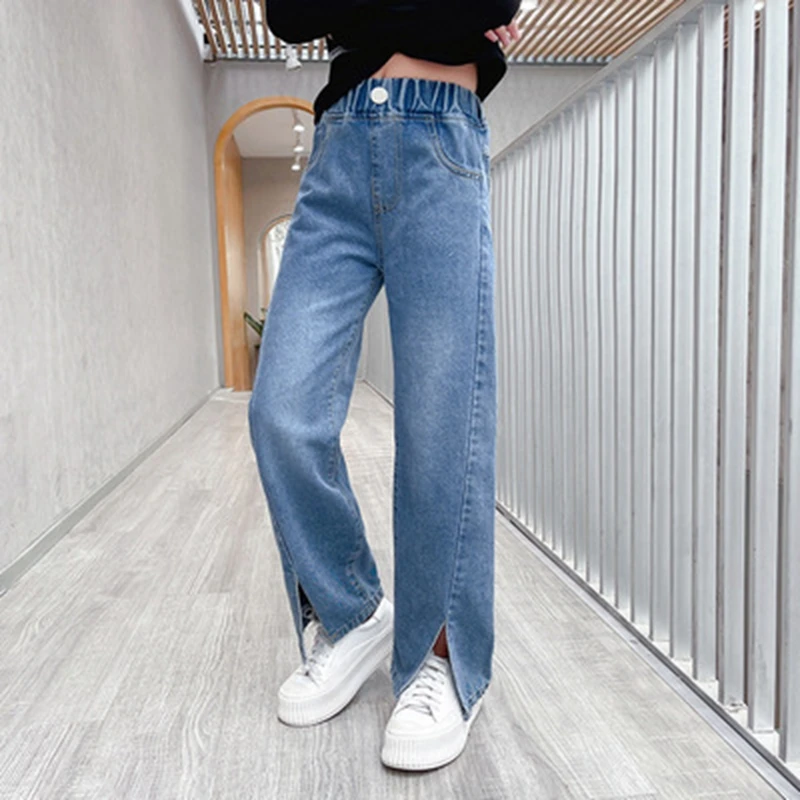 

Children's Jeans Kids Denim Long Trousers Spring Autumn Split Pants Teen Girls Korean Style Clothes Casual Loose Jeans 5-14Years
