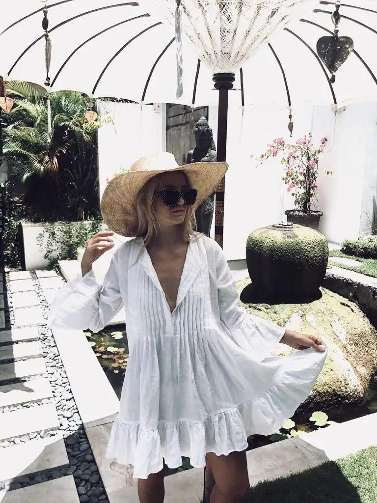 

Summer Women Beach Cover Up Beach Casual Loose Blouse Shirt Short Mini Dress Female Swimwear Bikini Bathing Suit