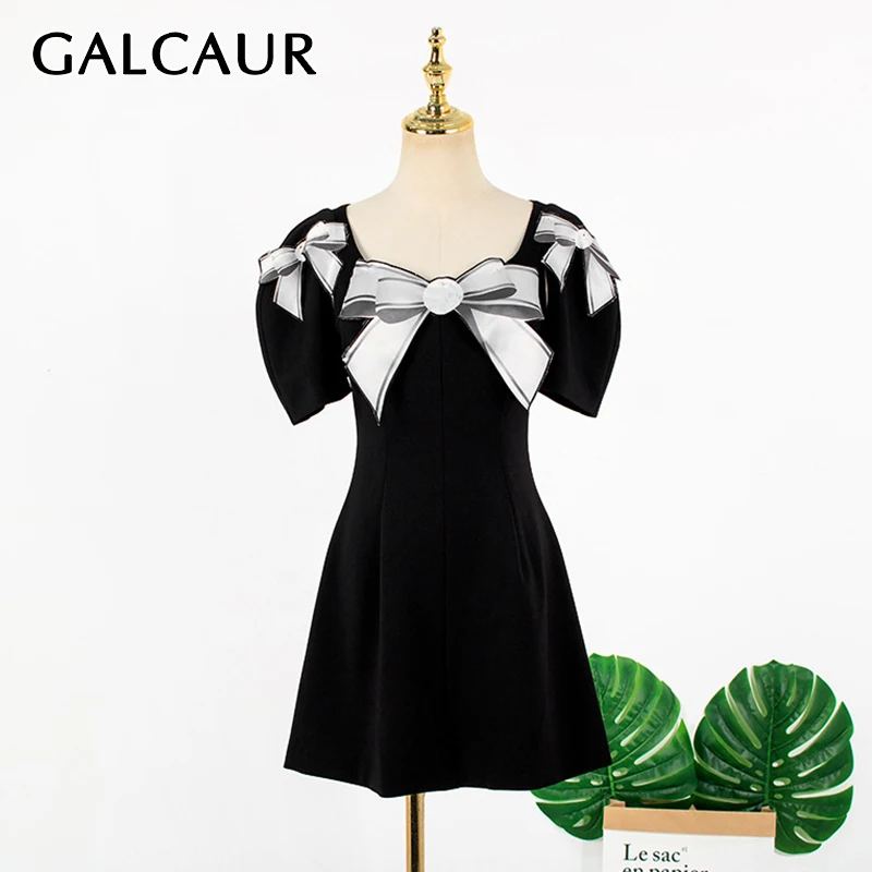

GALCAUR Patchwork Bowknot Dress For Women O Neck Short Sleeve High Waist Ruched Mini Dresses Female Fashion Clothing 2021 Style