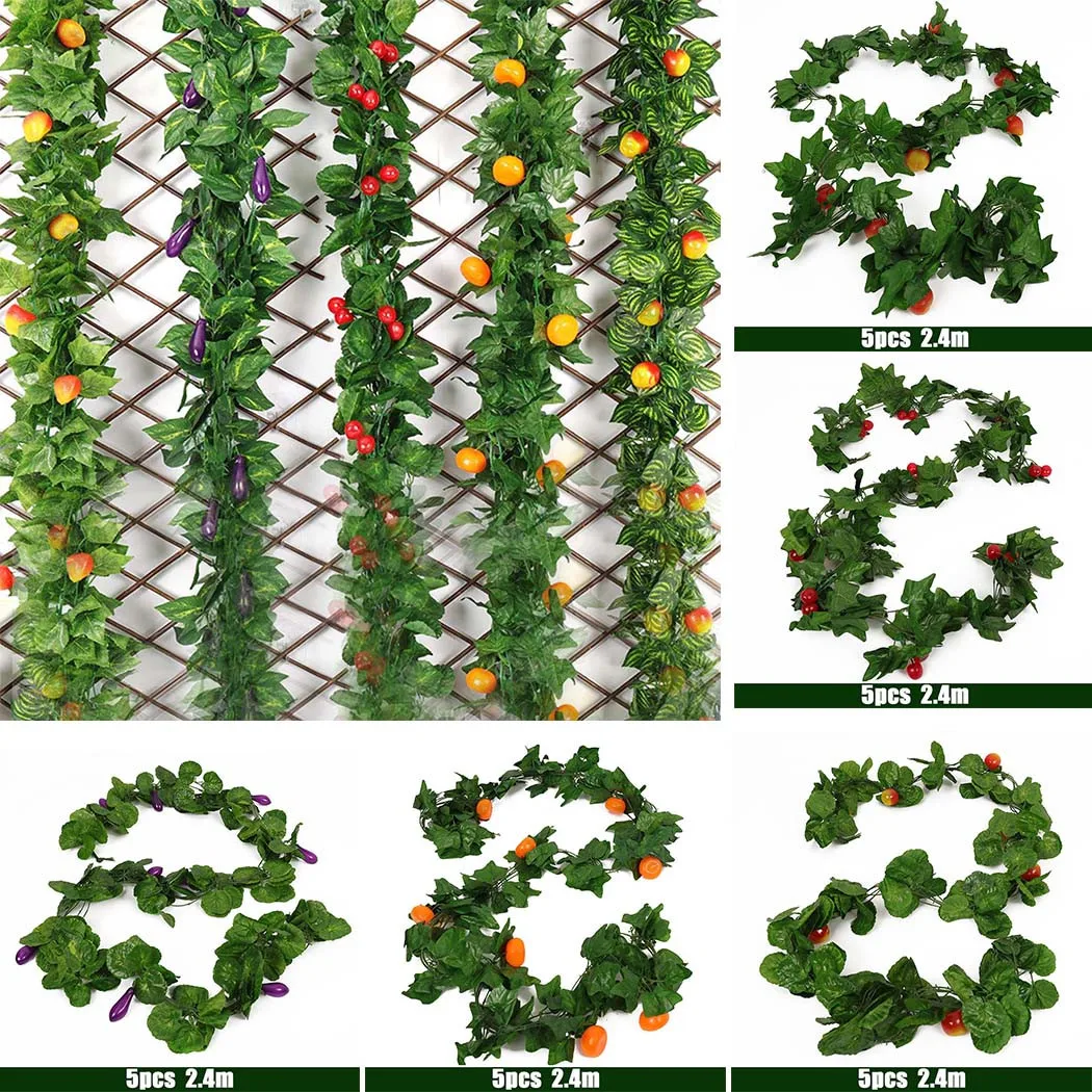 

5 Pcs Artificial Ivy Leaf Fruit Plants Vine Hanging Fake Flowers Home Decor Strawberry Orange Cherry Apple Begonia Eggplant