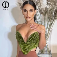 green pleated velvet lingerie vest women camisoles deep v neck crop top backless bra tank femme sexy slim waist bustier 2022 new