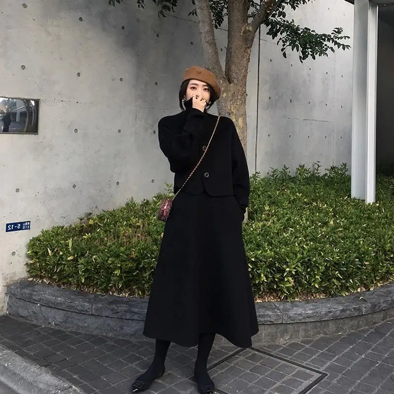 

2021 New Autumn Winter 2 Piece Set Dress Women Woolen Short Jacket Solid Color Single Breasted Tops + A Line Dress Suit Y414