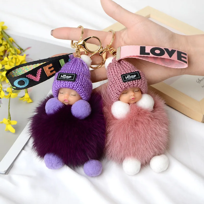 

Simulation Fox Fur Pompom Sleeping Baby Keychain Cute Fluffy Plush Doll Key Ring Women Girl Bags Cars Key Ring Pendant Gift New