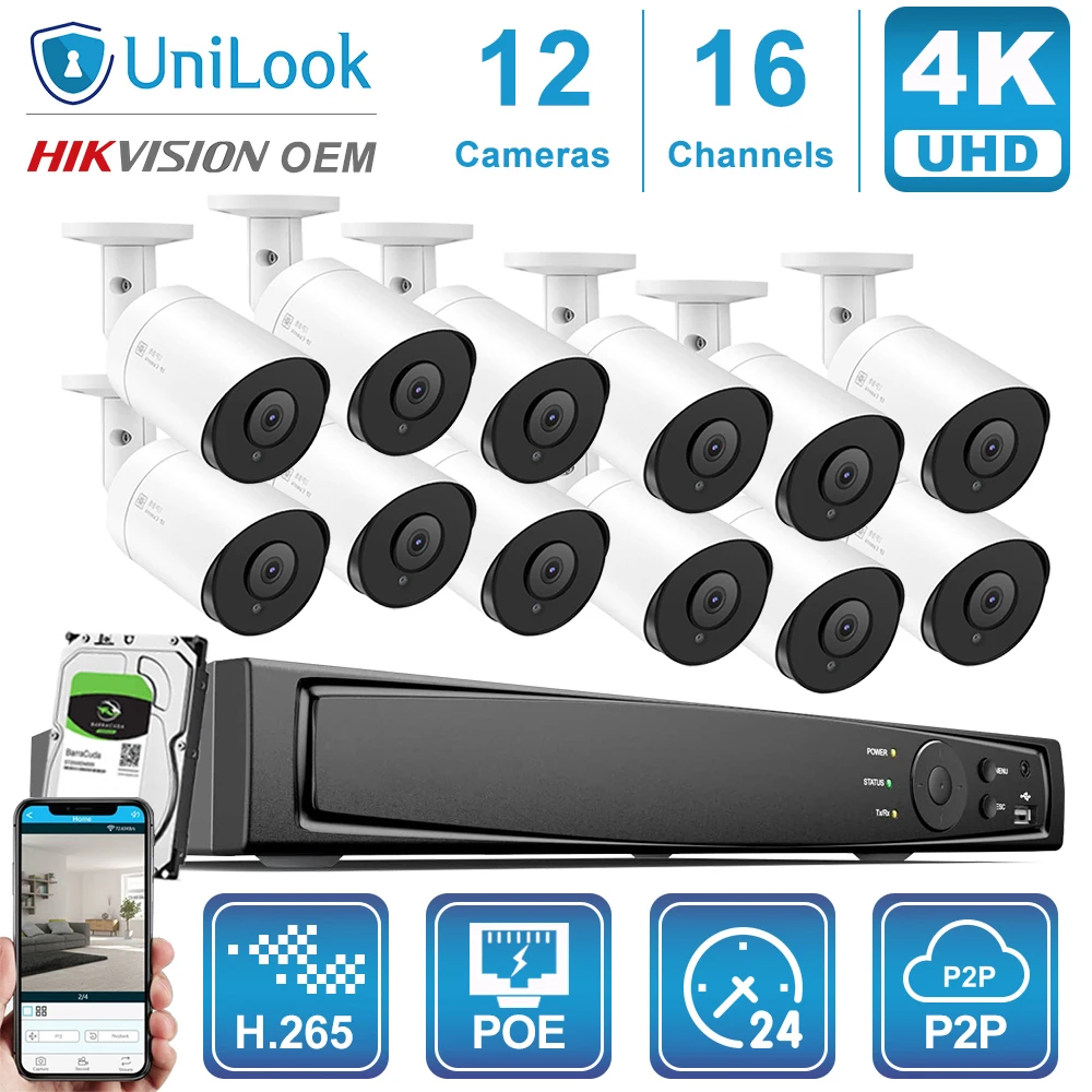 UnILook 16CH NVR 8/10/12/16Pcs 4K 8MP Bullet POE IP Camera Kit Security CCTV Audio Night Vision 30m H.265 P2P View | Безопасность и