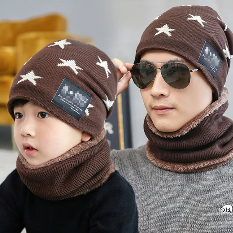 hats for child New male set cap five-pointed star woolen Autumn winter warm knit parent-child hat | Аксессуары для одежды