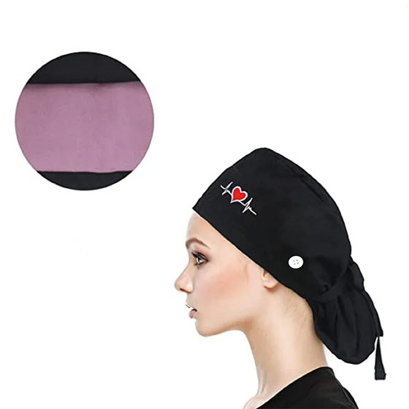 

Unisex Adjustable Nurse Hats For Women Solid Color Elastic Scrub Cap With Buttons Bouffant Hat With Long Belt Bonnet Femme Cap