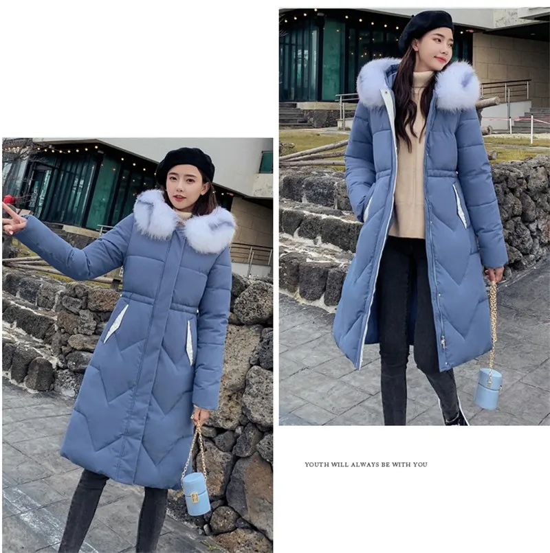 Autumn Winter New Warm Down cotton Jacket Women Hooded Fur collar Cotton Jackets Women's Korean Casual Plus size Parkas F921 - Цвет: Smoky blue