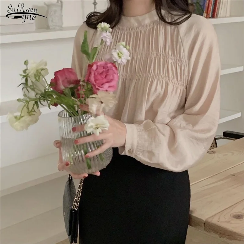 

Fashion Pleated Long Sleeve Vintage Blouses Tops Female Clothing Korean Chic Round Collar Blouse Women Loose Shirt Cotton 16956