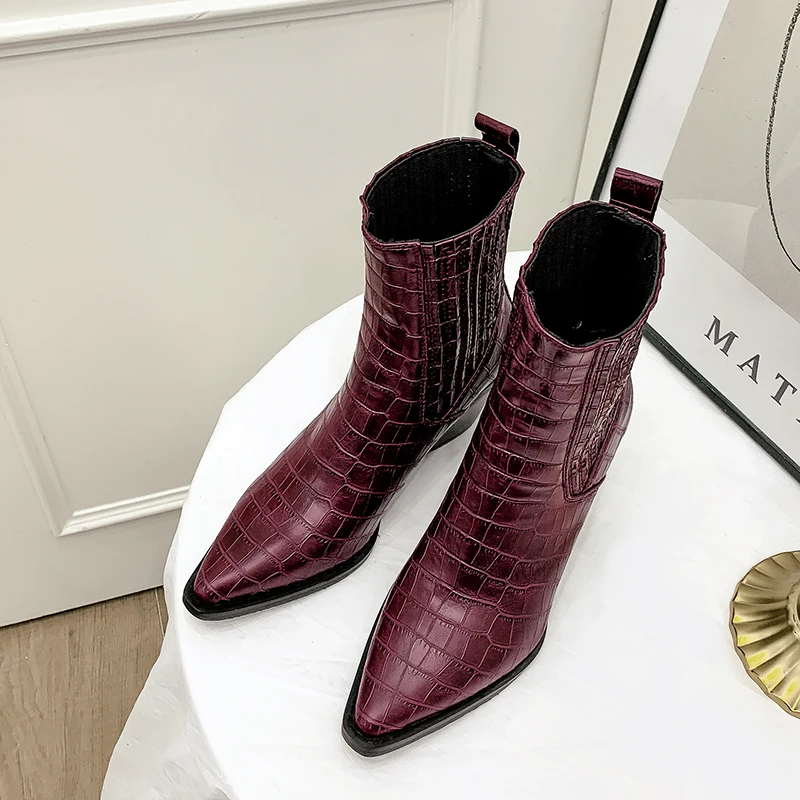 Brand Fashion Embossed Microfiber Leather Women's Ankle Boots Pointed Toe Western Cowboy Boots Women Wedges Riding Runway Boots