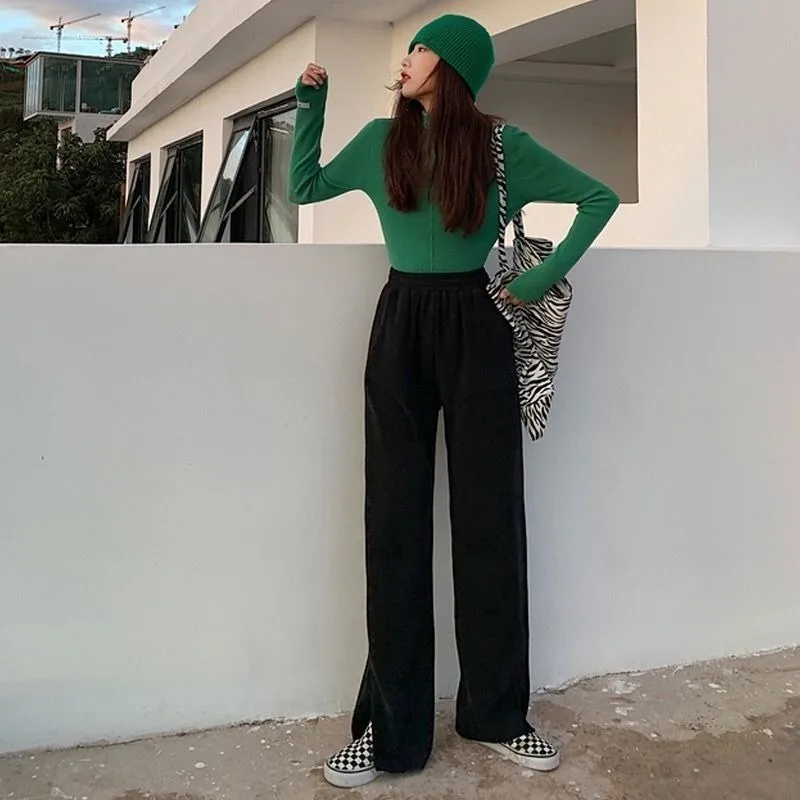 

Wide Leg Pants Women High Waist Leisure All-match Side-slit Loose Korean Style Hot Sale Streetwear Popular Stylish Trousers Chic