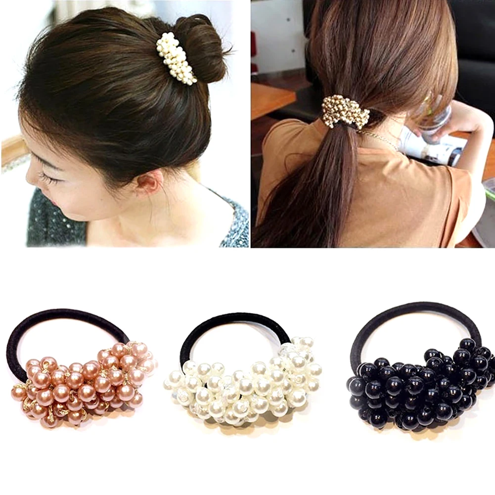 

Women Faux Pearls Bead Elastic Hair Band Rope Scrunchies Ponytail Holder Gift Rubber Band Headband