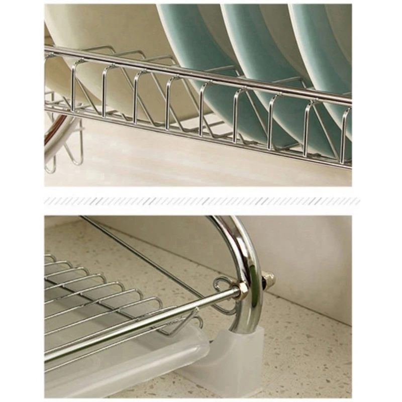 

S-Shaped Dish Rack Set 2-Tier Chrome Stainless Plate Dish Cutlery Cup Rack with Tray Steel Drain Bowl Rack Kitchen Shelf