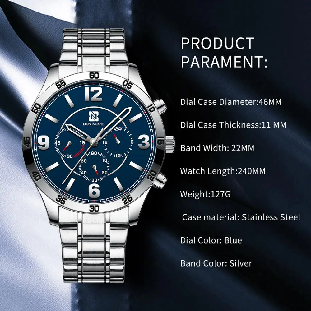 

BEN NEVIS Men's Sports Watch Blue 3 Small Sub Dial Silver Stainless Steel Chronograph Bracelet Clasp Male Clock