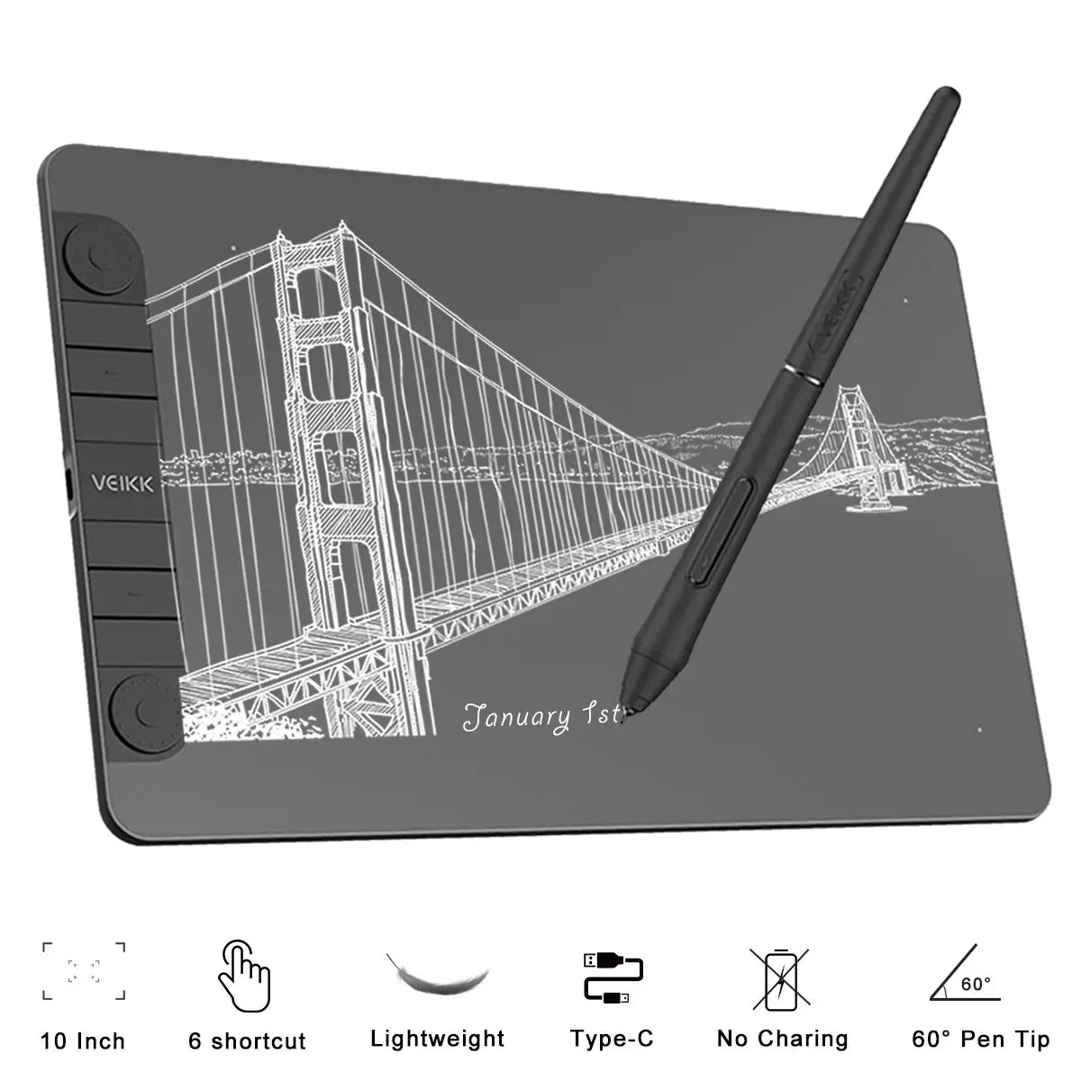 

Планшет для рисования VEIKK VK1060Pro, 10x6 дюймов, со стилусом без батареи 8192 уровня, для Mac, Android, Windows, цифровой графический планшет