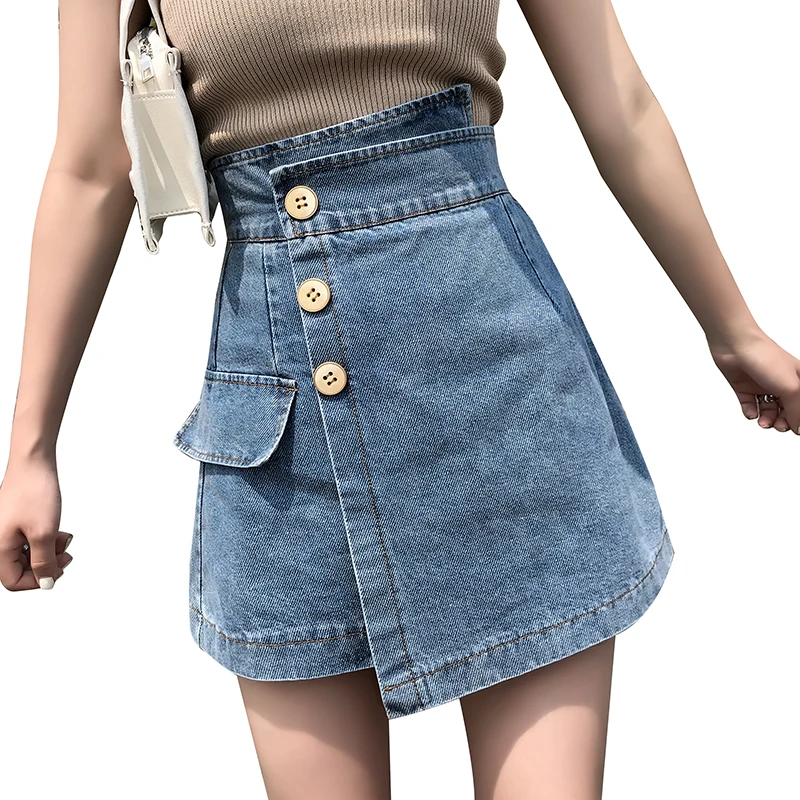 

Женская джинсовая юбка на пуговицах, модная Асимметричная юбка из денима с эффектом потертости и высокой талией в уличном стиле на лето