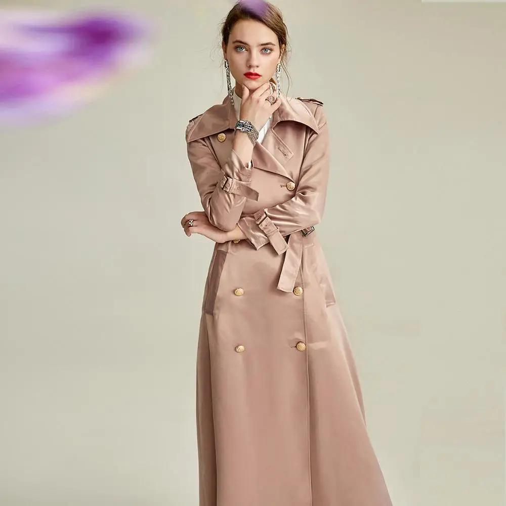 2019 Autumn New Bright Satin Double-breasted Lapel Coat High-end Commuter Temperament Women Trench C1847 | Женская одежда