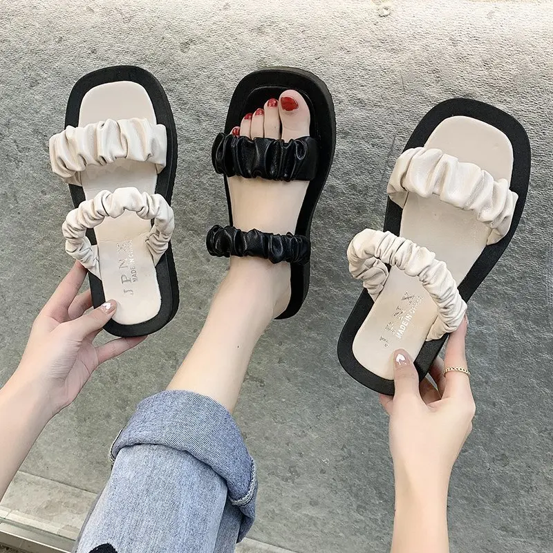 

Pu Leather Wateproof 2021 Summer Square Toe Women's Slippers Ladies Shallow Shoes Female Flats Flatform Fashion Sandals Pleated