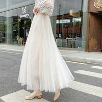 2021 summer new pure color mesh pleated skirt womens korean high waist sweet medium length a line skirt