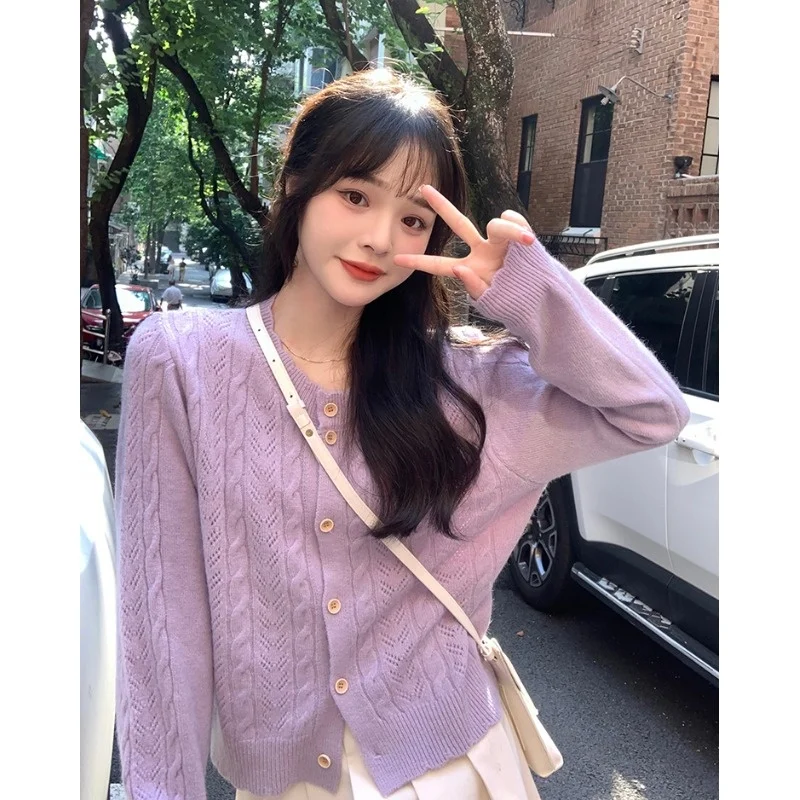 

Пурпурное пальто-свитер для женщин на весну и осень, новинка 2021, мягкий и удобный вязаный кардиган во французском стиле, шикарная верхняя од...