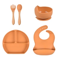 5 pcs baby silicone bibs divided dinner plate sucker bowl spoon fork set training feeding food utensil dishes tableware kit