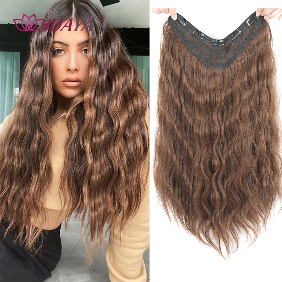 HUAYA Long Water Wavy Hairpiece 5 Clips in Hair Extension Synthetic Fake Hair For Women Curly U-Shaped Half Wig Heat Resistant