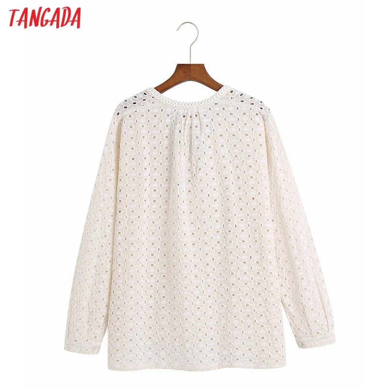 

Tangada Women Retro Embroidery Romantic High Quality Shirt Hollow Out V Neck 2021 Chic Female Shirt Tops 6Z120