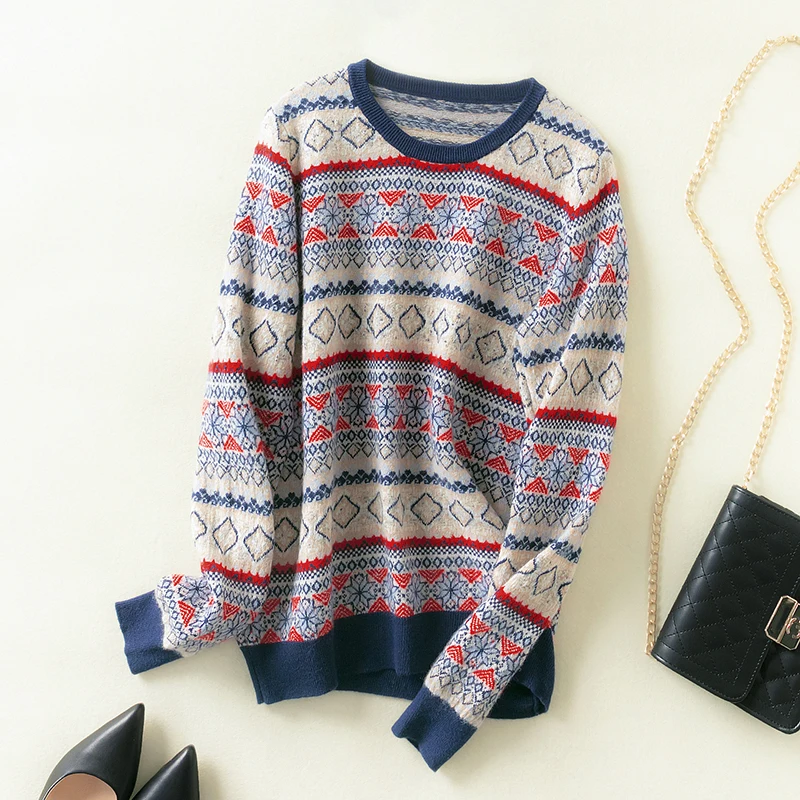 Новый жаккардовый толстый свитер из чистой шерсти Женский пуловер с круглым