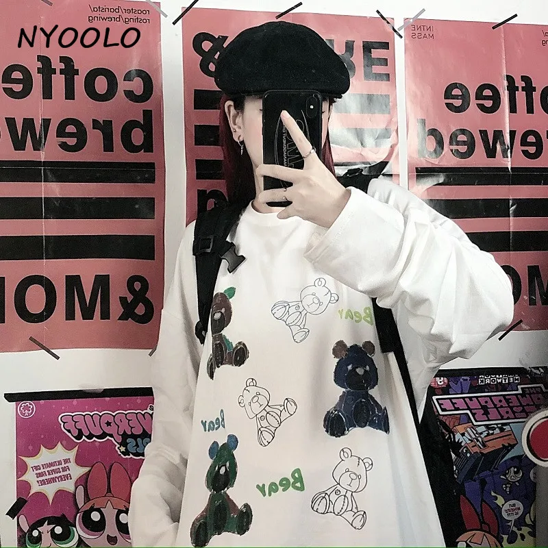 

NYOOLO Harajuku sweet cartoon bear print long sleeve loose T-shirt women clothes Casual O-neck pullovers school girls tops tee