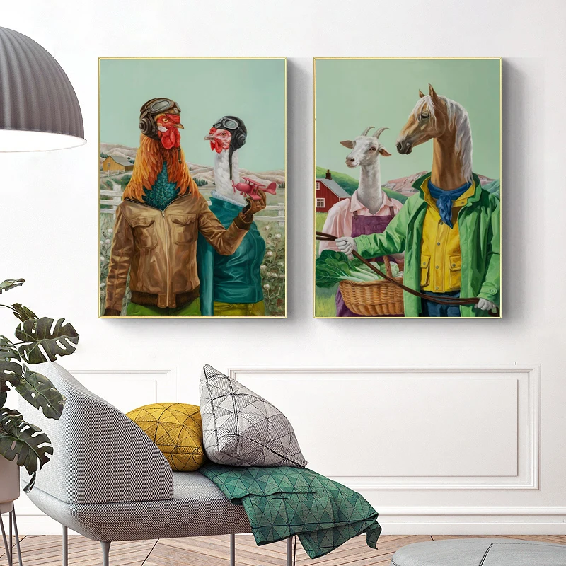 

Cartoon Animation Animal Printing Oil Painting Wearing Clothes Rooster Horse Canvas Painting Art Wall Picture for Children Room