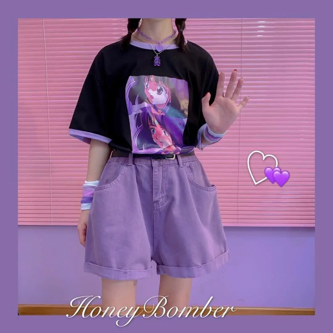 

Shorts Women Stylish Students Summer Loose Casual High Waist Chic Korean Style Soft All-match Hot Sale Harajku Purple Teens Ins