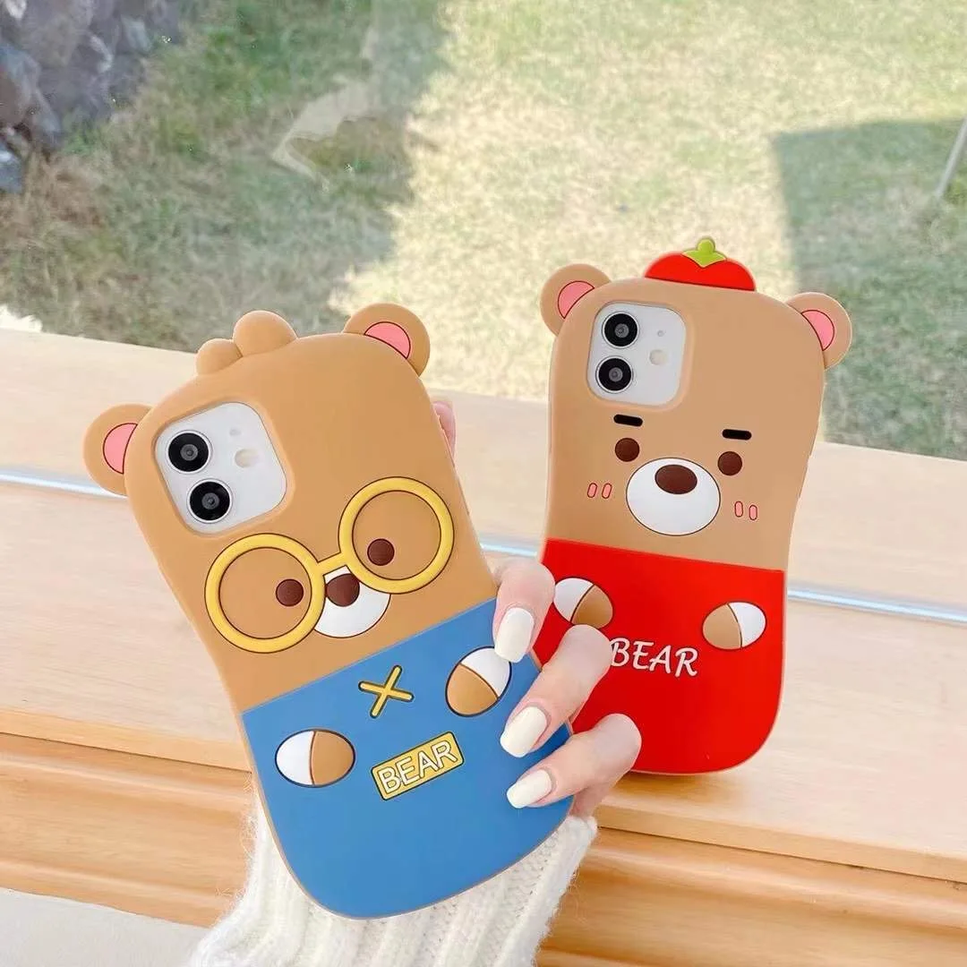 

Korean Cartoon Funny 3D Glasses Bear Soft Silicon Phone Case for Iphone 12Mini 11Pro XR XS 6 7 8plus SE2020 Anti-drop Back Cover