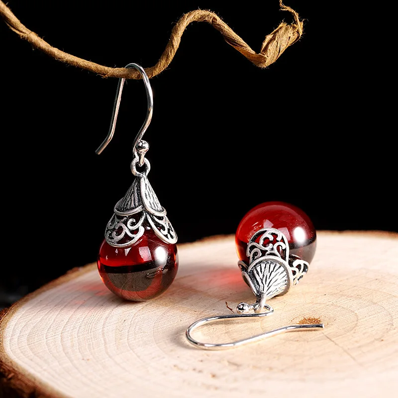 

S925 Silver Accessories Women's Retro Garnet Ear Pendant