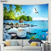 sandy beach landscape tapestry ocean blue sky seagull palm tree living room wall hanging art tapestries aesthetic room decor