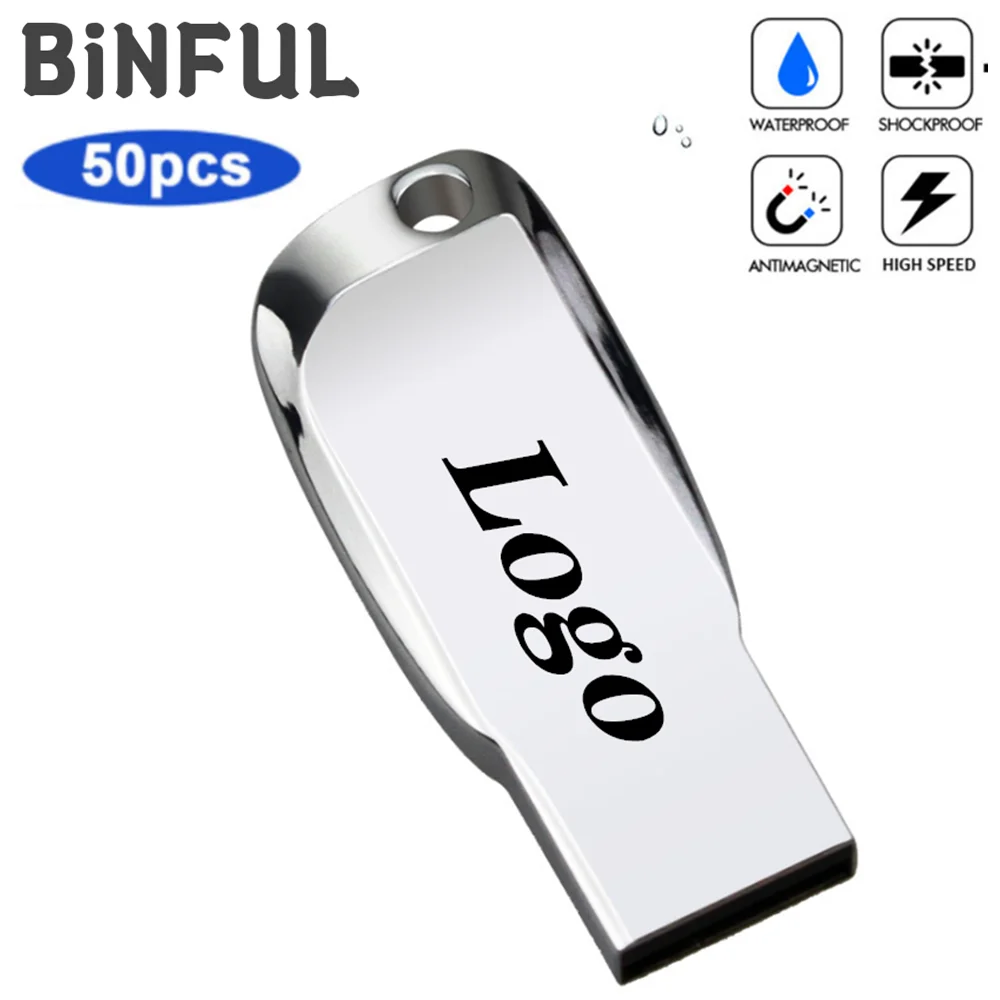 

BiNFUL 50pcs Pen Drive Metal Usb Flash Drive Waterproof Pendrive 1GB 2GB 4GB 8GB 16GB 32GB High Quality USB 2.0 Usb Stick LOGO