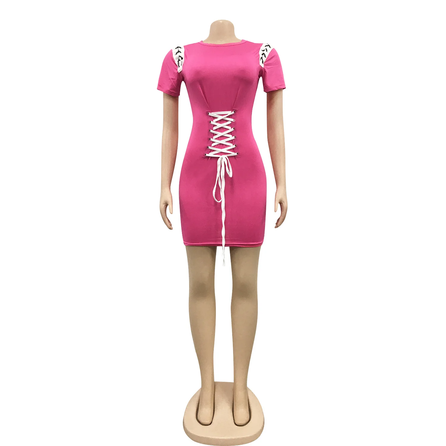 

Hit Color Short Lace up Sleeve Women Corset Wasit Casual Mini Dresses