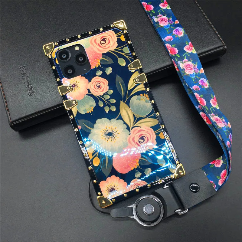 Blue Ray розовый цветок для iphone 11 Pro X XR XS Max 8 7 Plus квадратные чехлы для телефонов для samsung Galaxy S9 Plus Note 10 8 9 чехол - Цвет: 2WithStrap