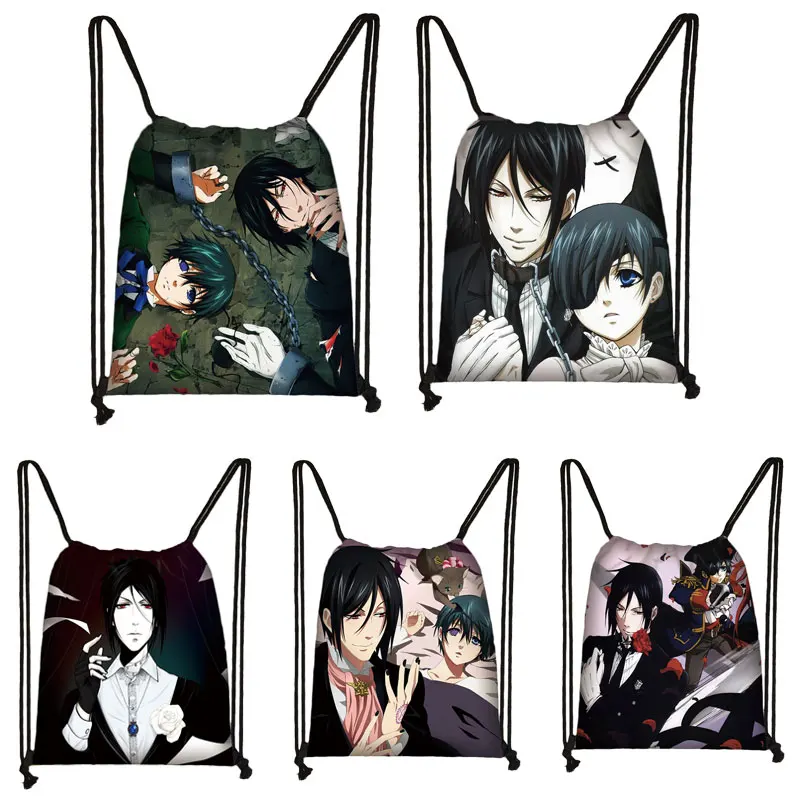 

Рюкзак на шнурке для мальчиков и девочек с героями аниме, школьный ранец Себастьян михаелис с мультипликационным рисунком, дорожный ранец д...