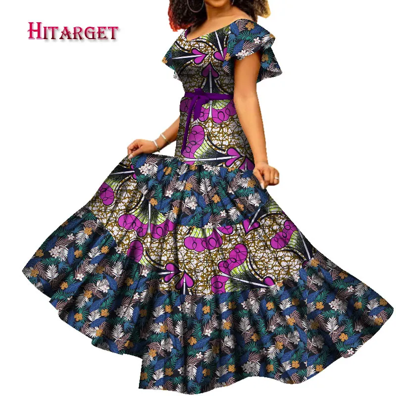 2020 African Clothes Dashiki Low Neck Short Sleeve Long Dress Full Length Skirt Elegant Bazin Riche for Party WY7609