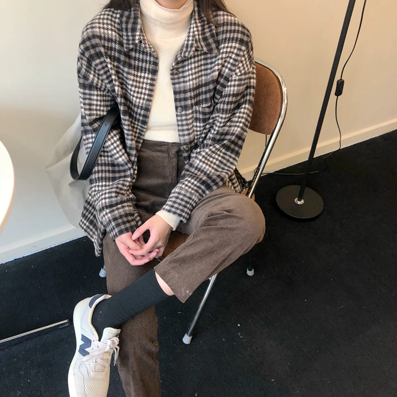 

SandingThick Fashion Casual Loose All Match Vintage Plaid Korean Style Regular Hot Sale Long Sleeve Turn Down Collar Women Shirt